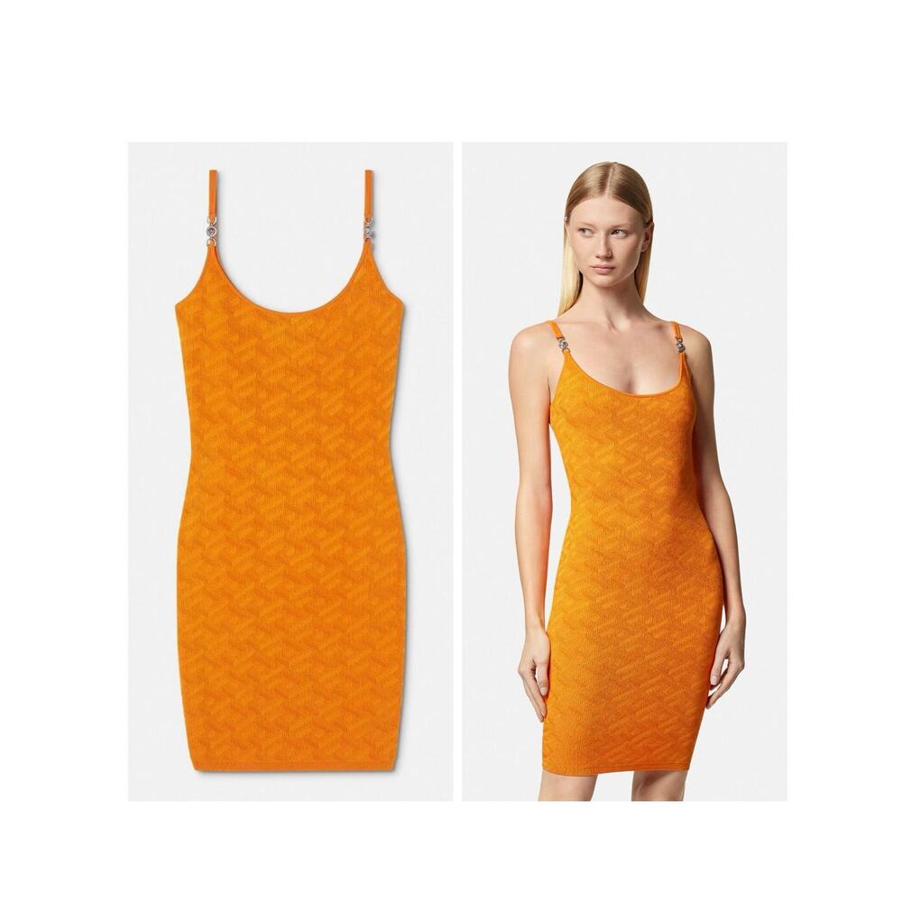 NWT Versace Medusa 95 La Greca IT 38 US 2 Jacquard Knit Mini Dress Orange $1,750